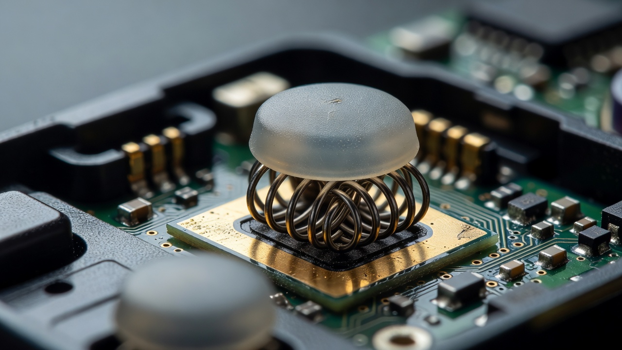 Macro view of a game controller button contact and return mechanism in shallow focus