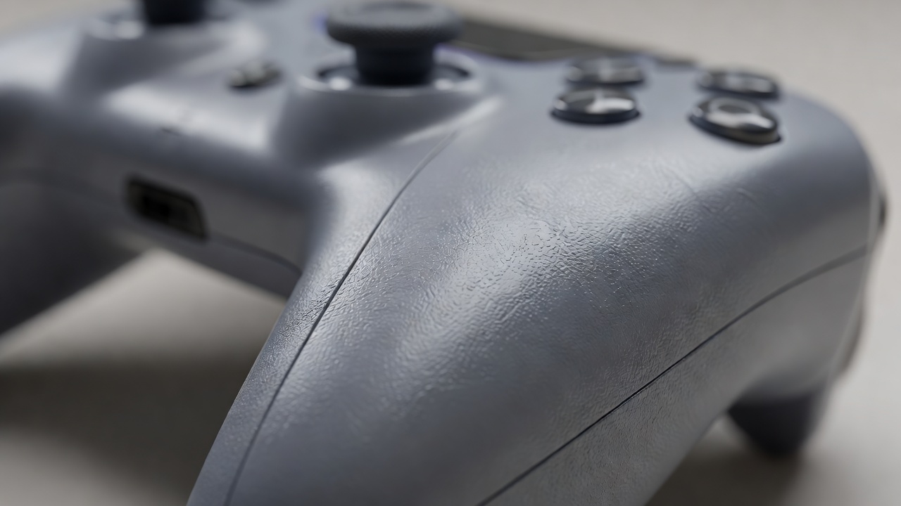 Macro photograph of a controller grip texture and curved shell in shallow focus