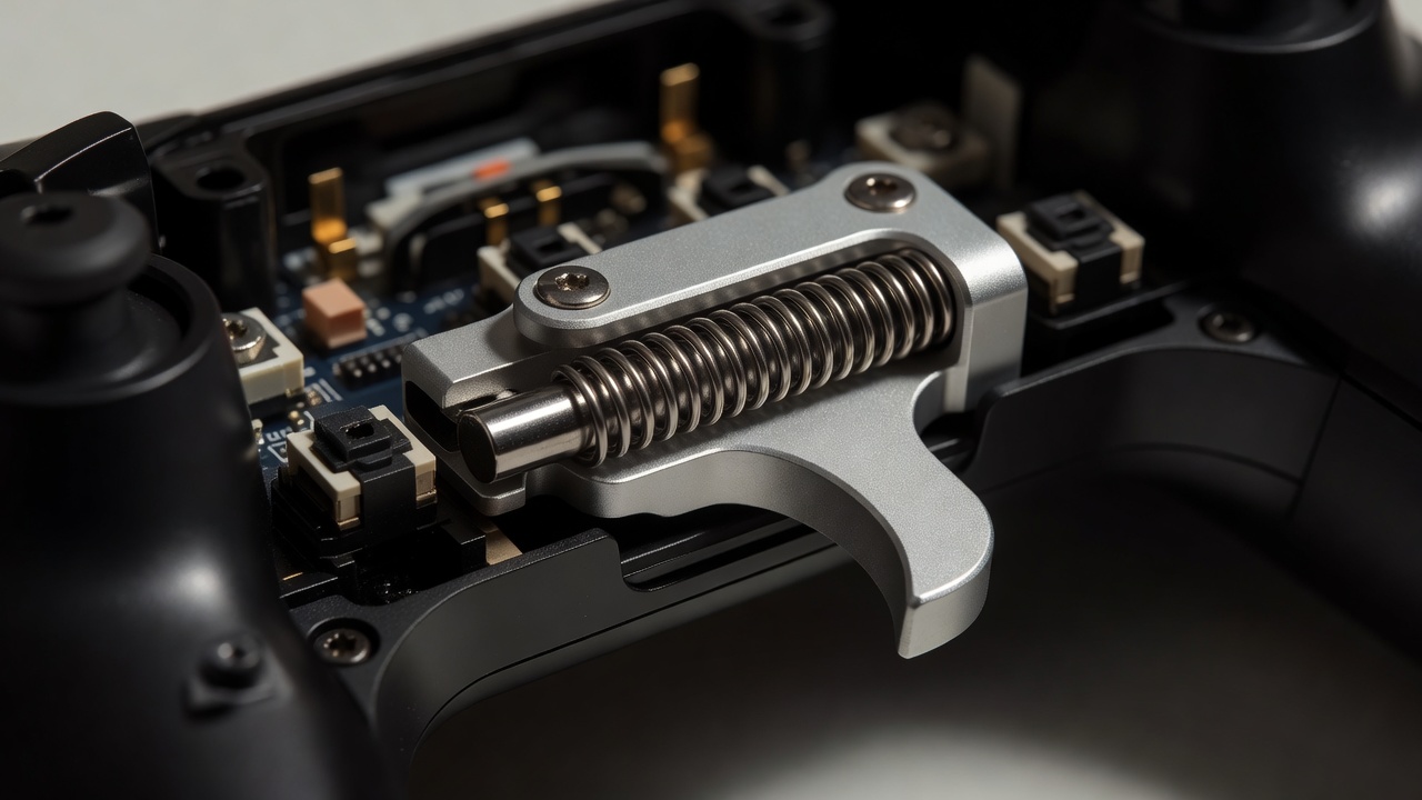 Close-up of a controller trigger pivot and return spring representing the start of an input timing path